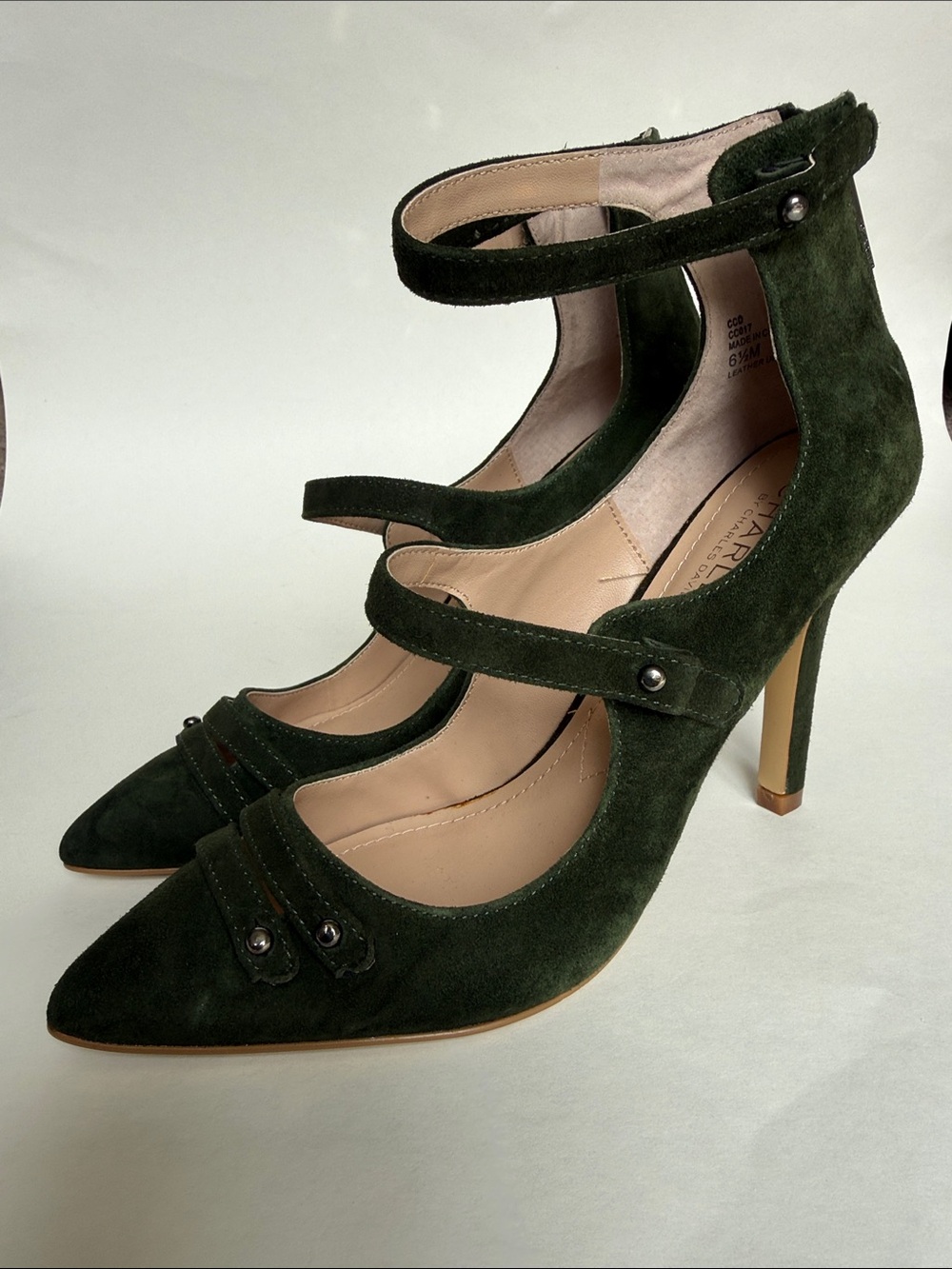 Charles David Dark Green Suede Multi-Strap Pointed-Toe Heels